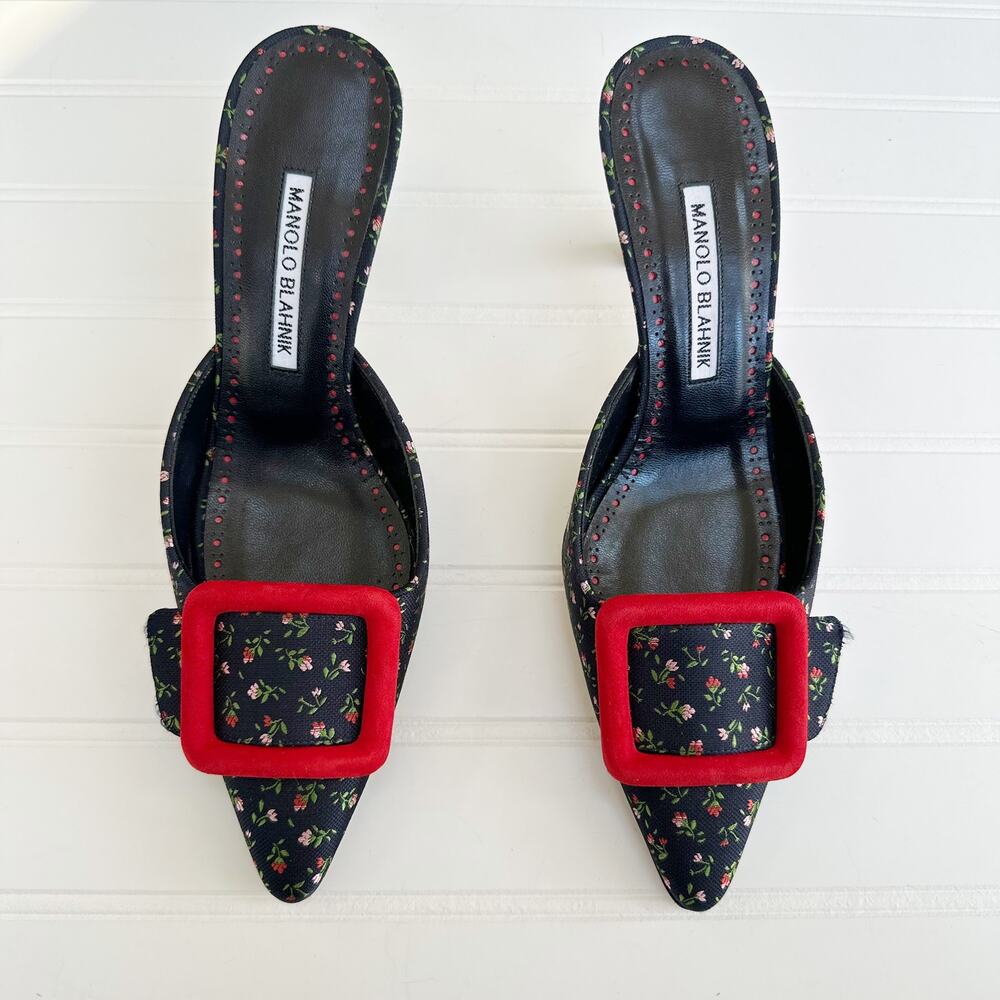 Manolo Blahnik Brocade Navy Floral Red Buckle Mules